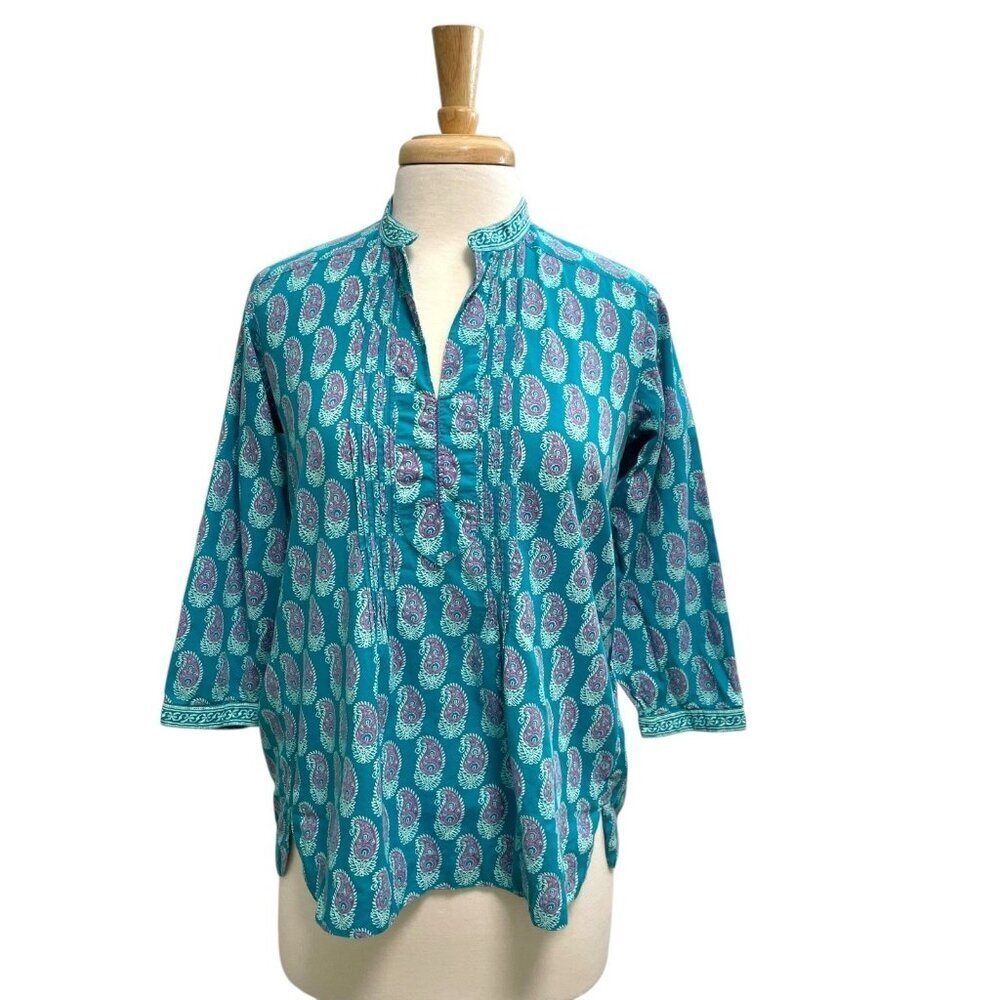 Anokhi Paisley Split-Neck 3/4 Sleeve Blouse Top Turquoise size Small